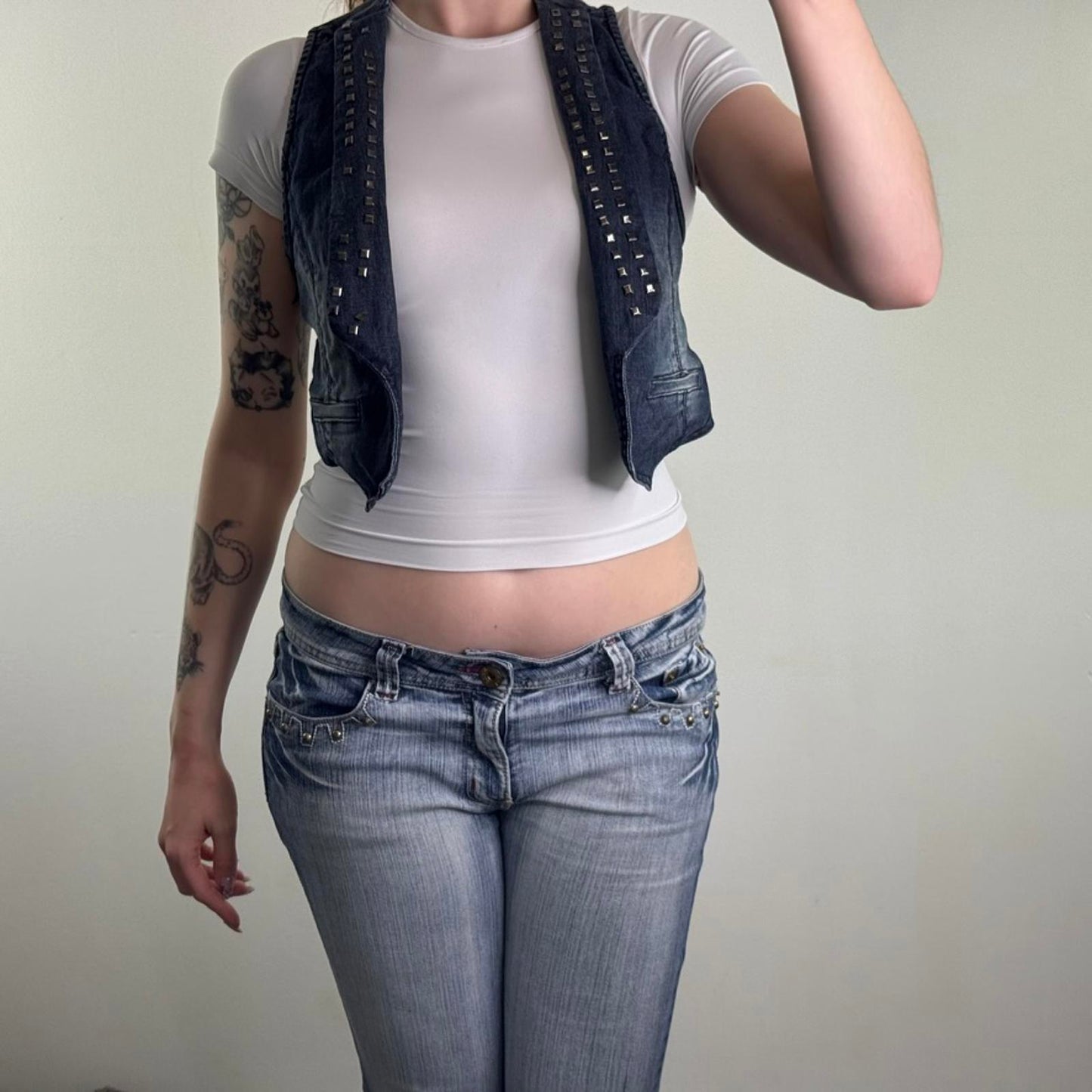 Y2K vintage studded open denim waistcoat jacket faded wash blue sleeveless