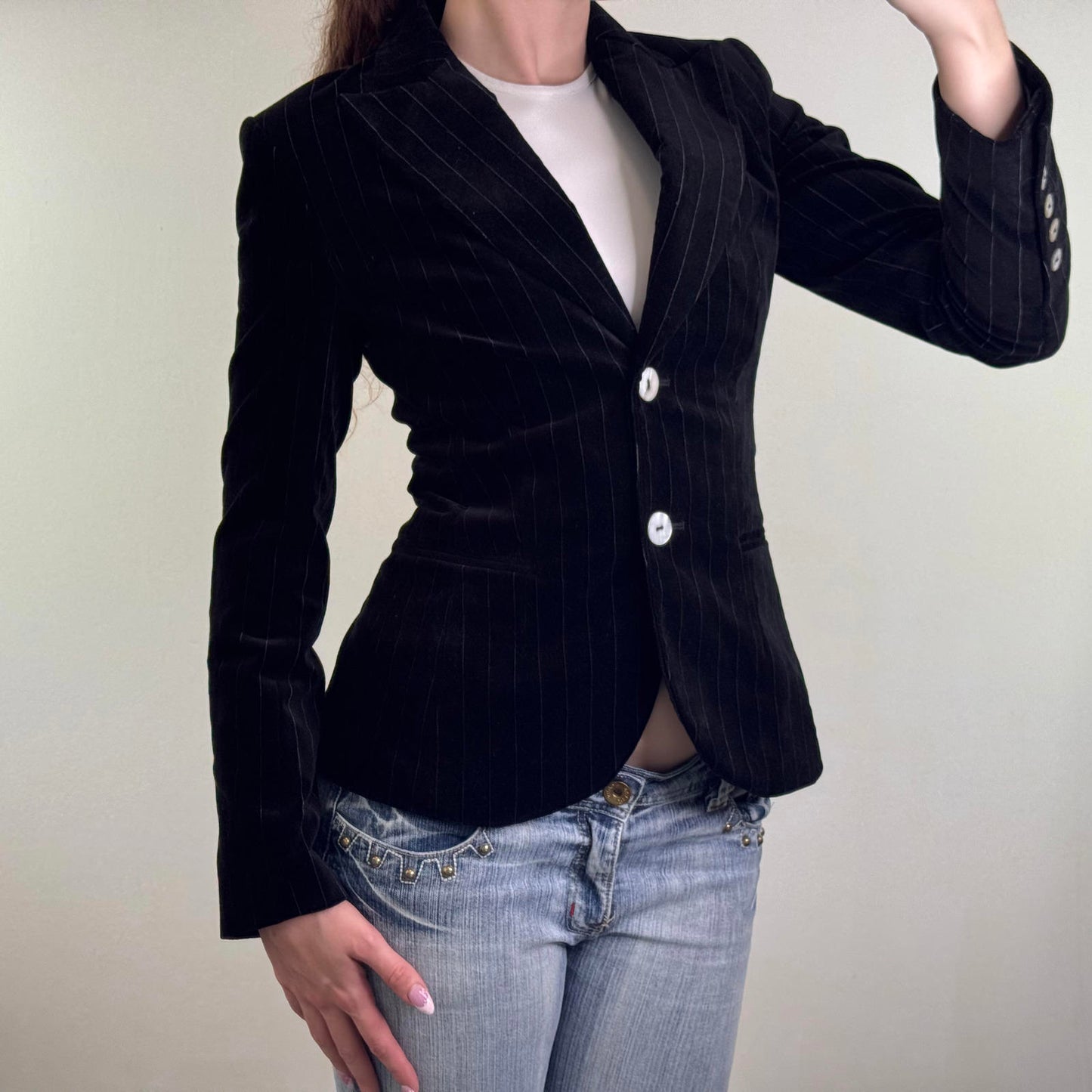 Y2K vintage velour pinstripe blazer jacket shell button up shoulder pad tailored