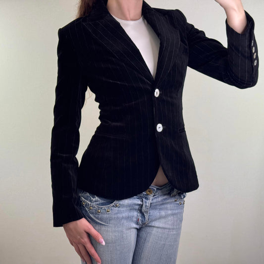 Y2K vintage velour pinstripe blazer jacket shell button up shoulder pad tailored