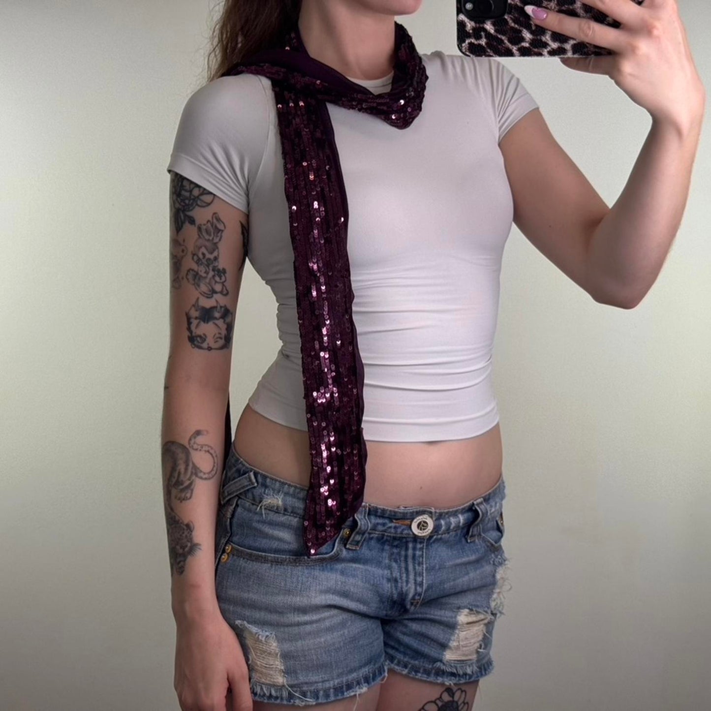 Y2K vintage sequin skinny scarf purple embellished party thin