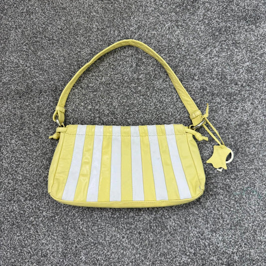 Y2K vintage genuine leather mini shoulder bag striped yellow white summer