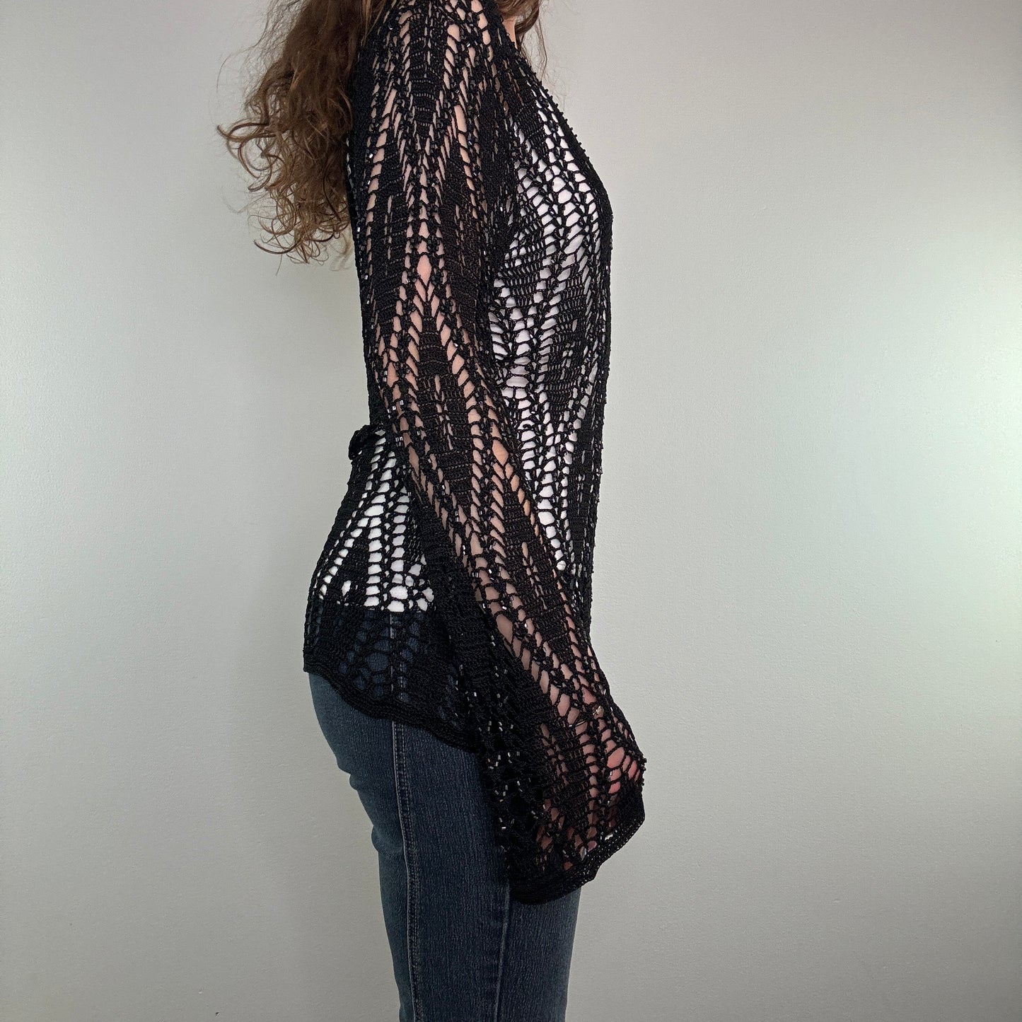 Y2K crochet flared long sleeve top