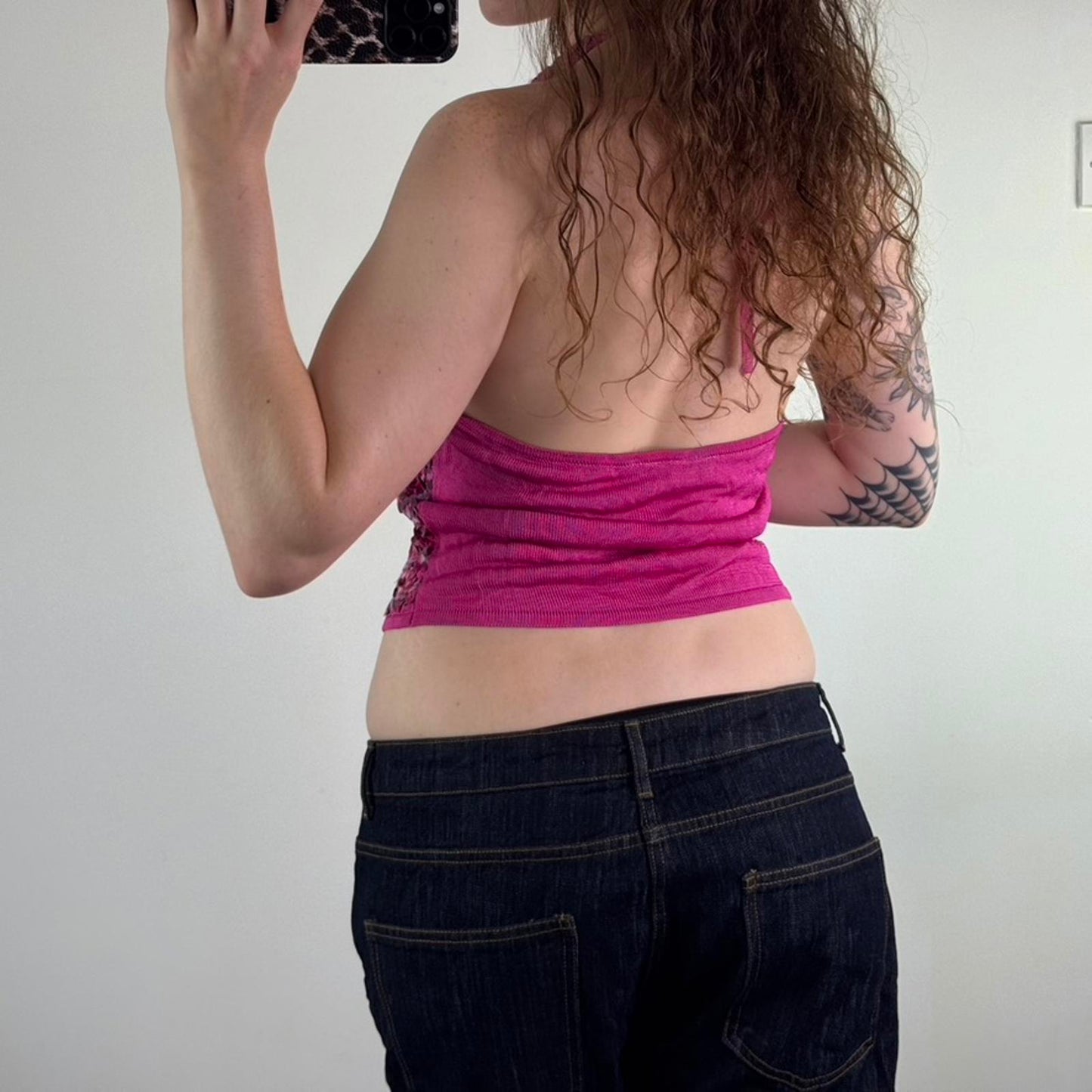 Y2K vintage halter neck sequin tank top fine knit embellished stretchy hot pink