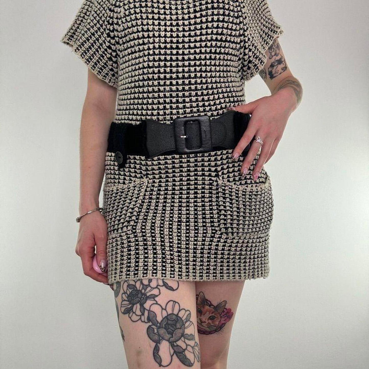Y2K vintage turtleneck belted knit mini dress roll neck belt chunky knit