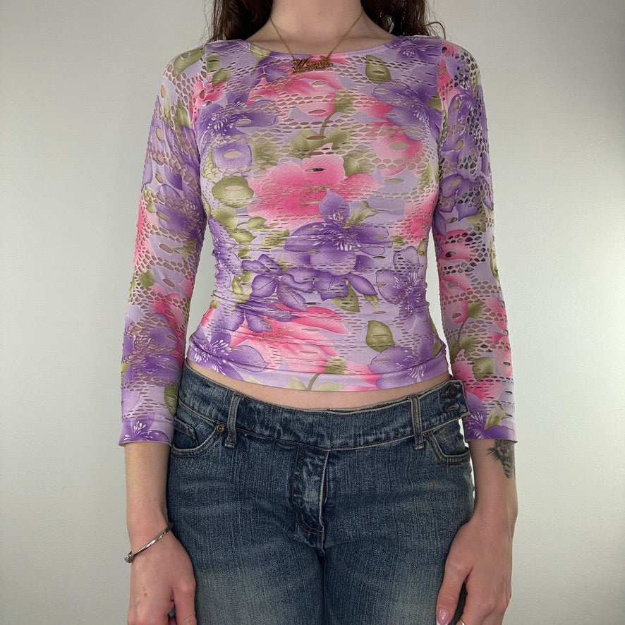 Y2K netted floral long sleeve top