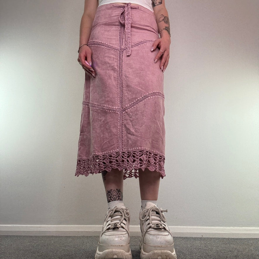 Y2K vintage faux suede patchwork festival maxi skirt