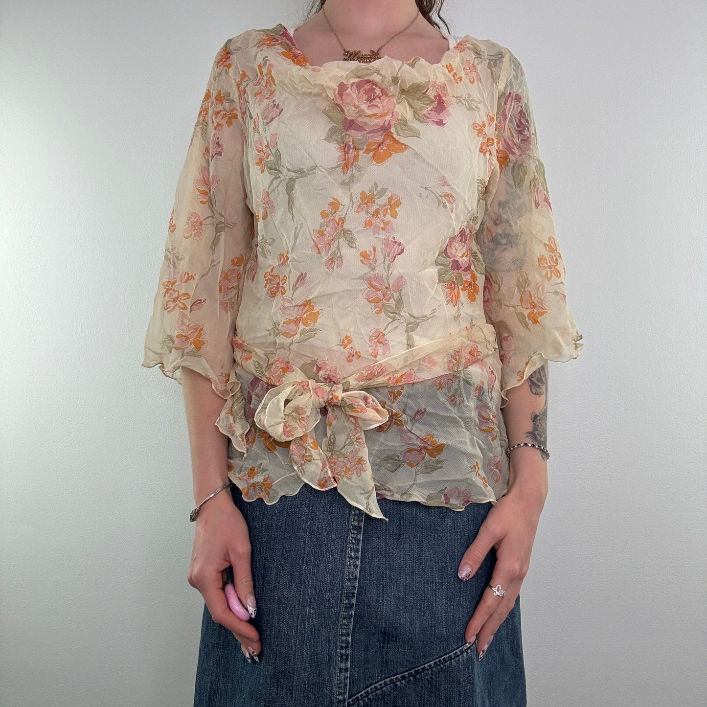 Y2K silk floaty sheer bow flare sleeve top