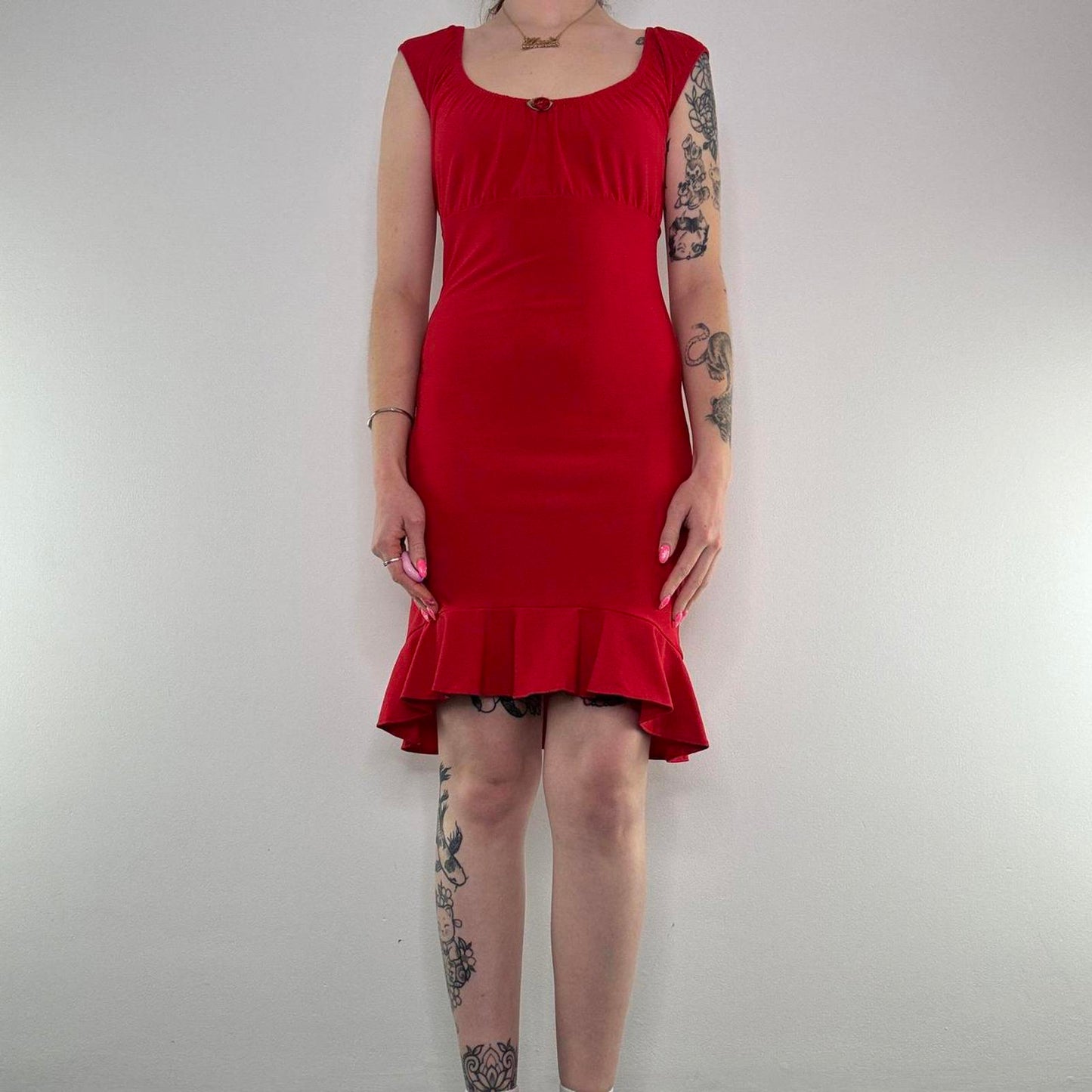 Y2K vintage slinky midi dress milkmaid rose cap sleeve frilly stretchy floral