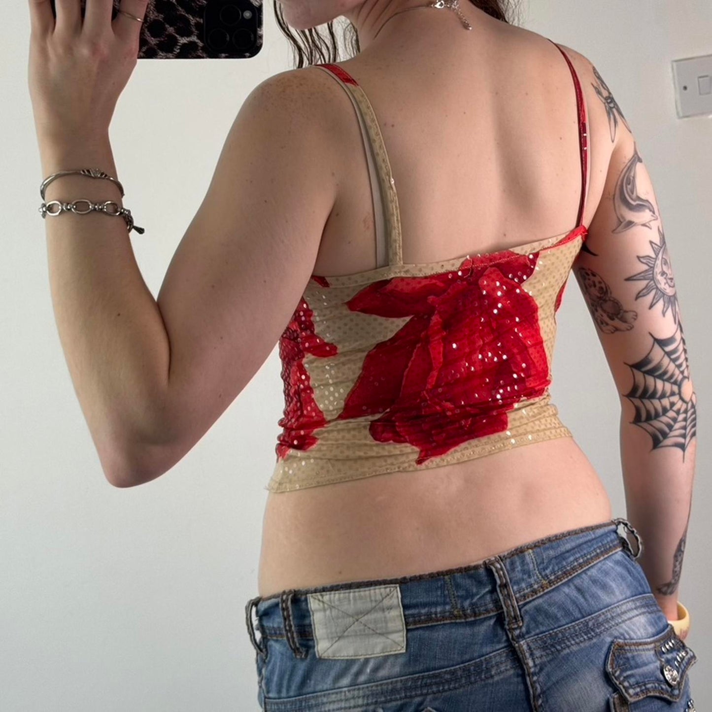 Y2K vintage shimmer floral slinky lace trim cropped cami top v neck