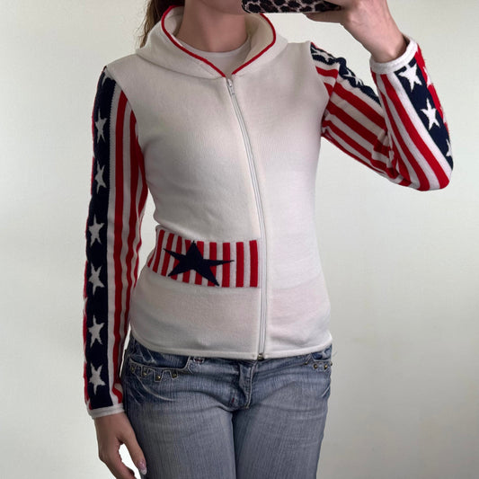Y2K vintage USA zip up hoodie America star stripe knitted knit blue red white
