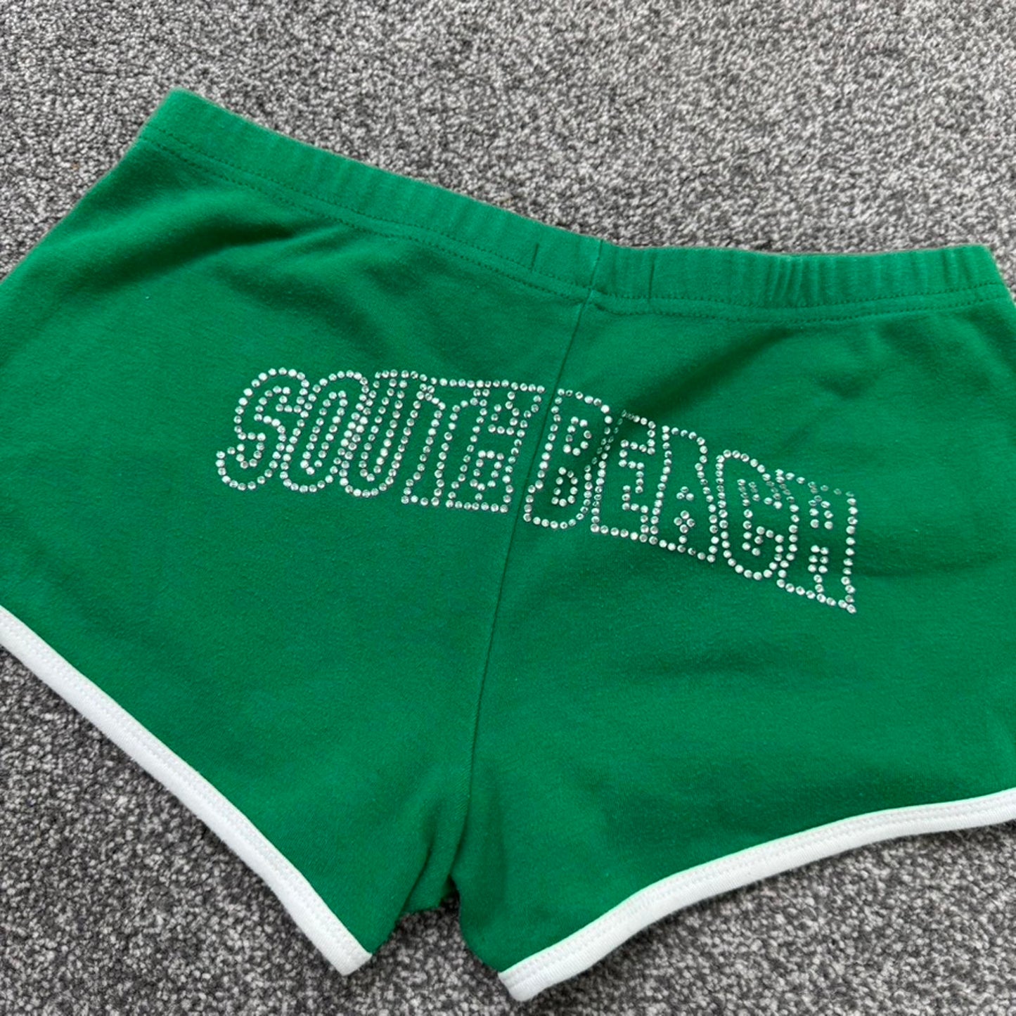 Y2K vintage low rise sporty rhinestone mini shorts jersey green white stretchy