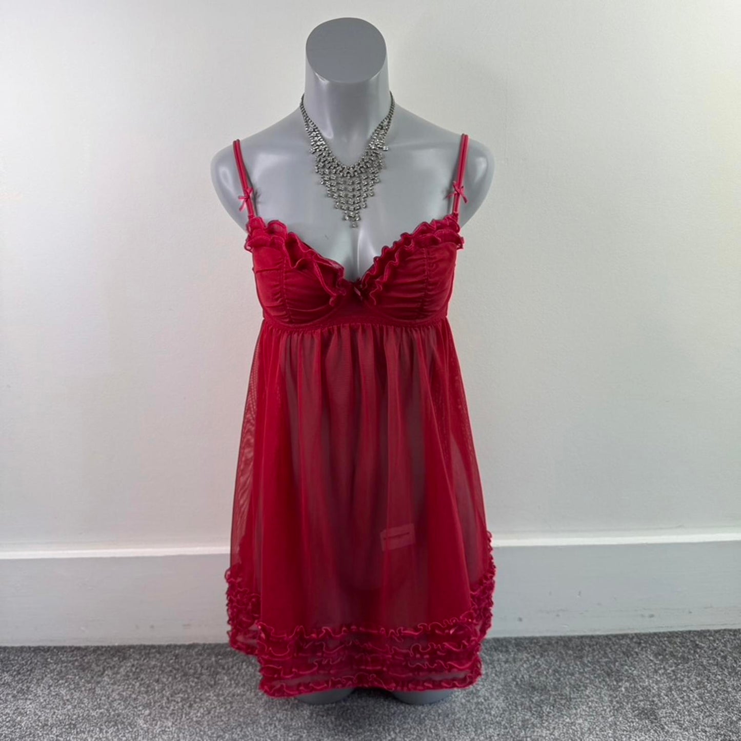Y2K vintage Ann Summers mesh babydoll frilly underwired lightly padded bow red