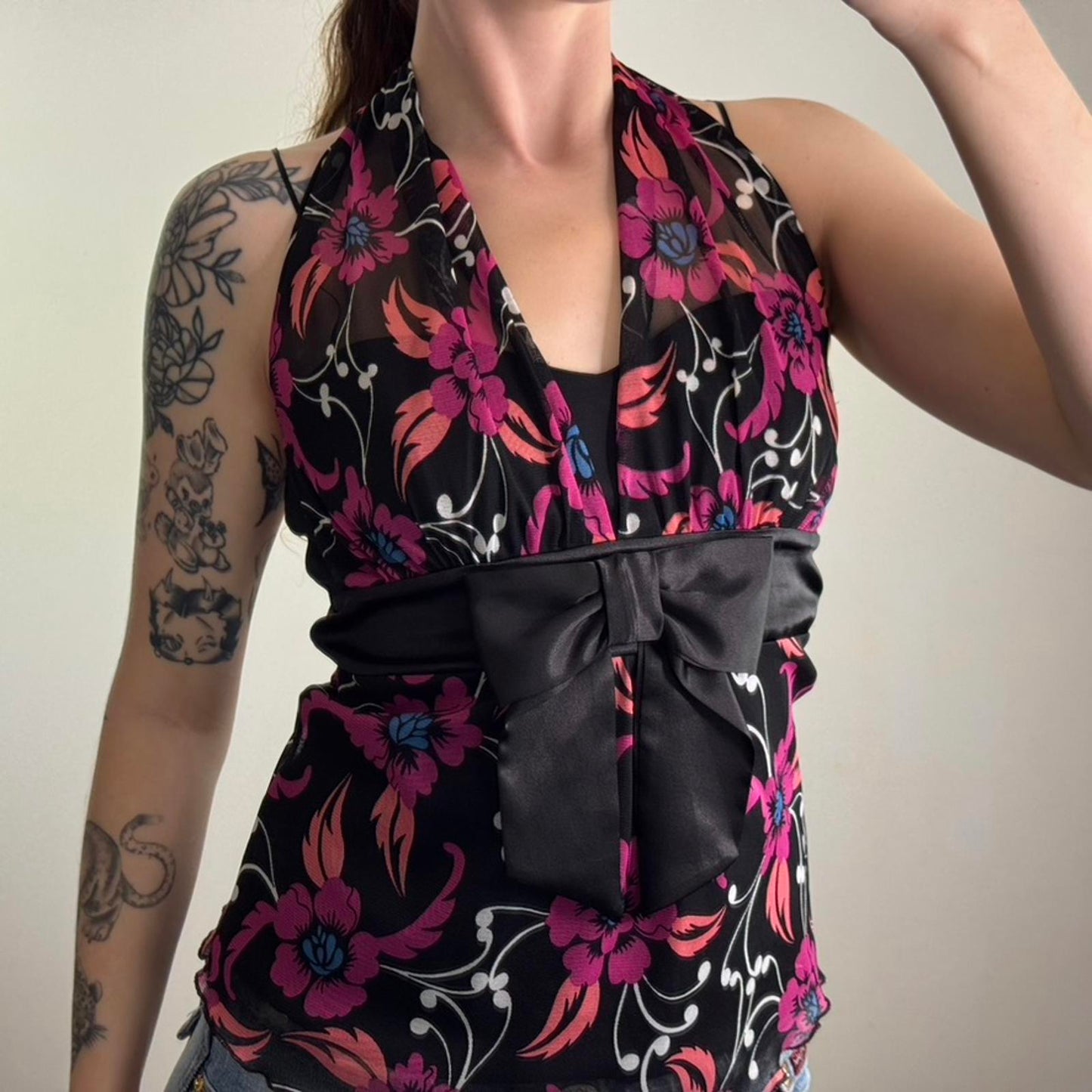 Y2K vintage Bay halter neck mesh floral top bow double layer lettuce hem