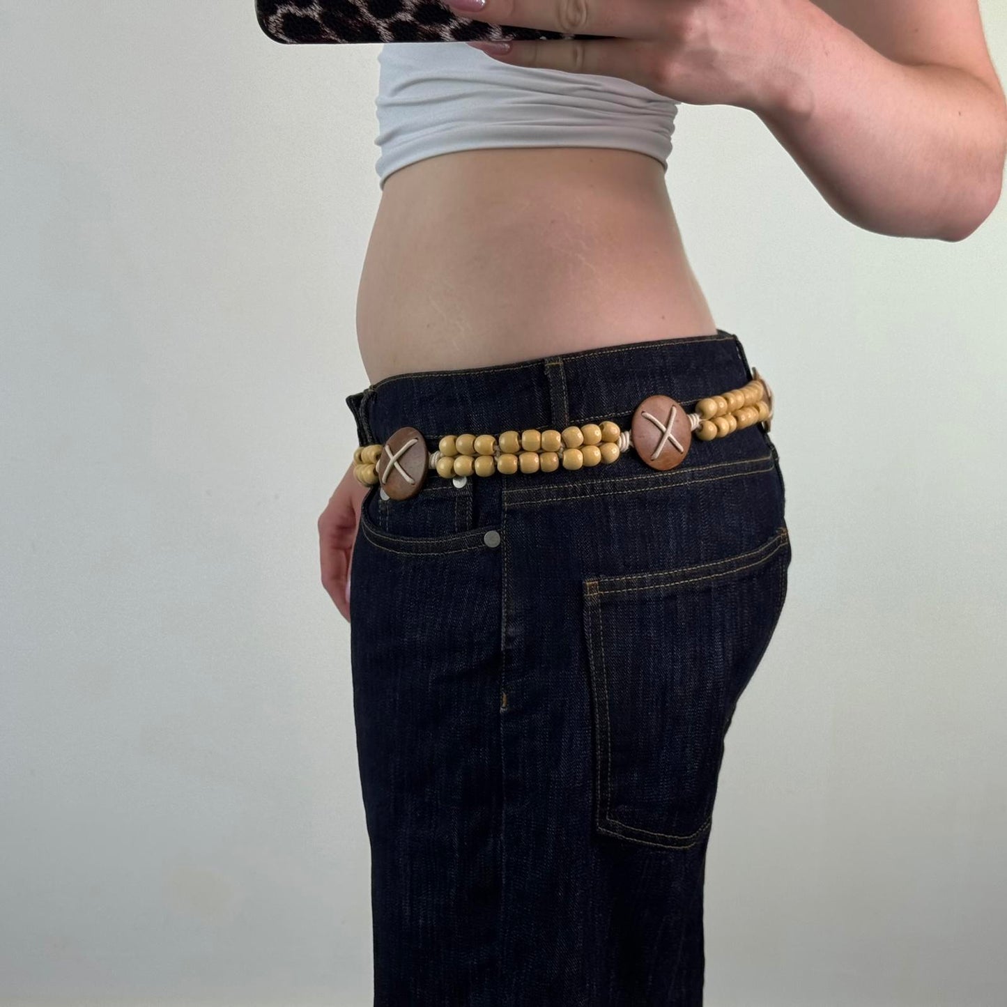 Y2K vintage wooden beaded string bow belt light brown beige adjustable