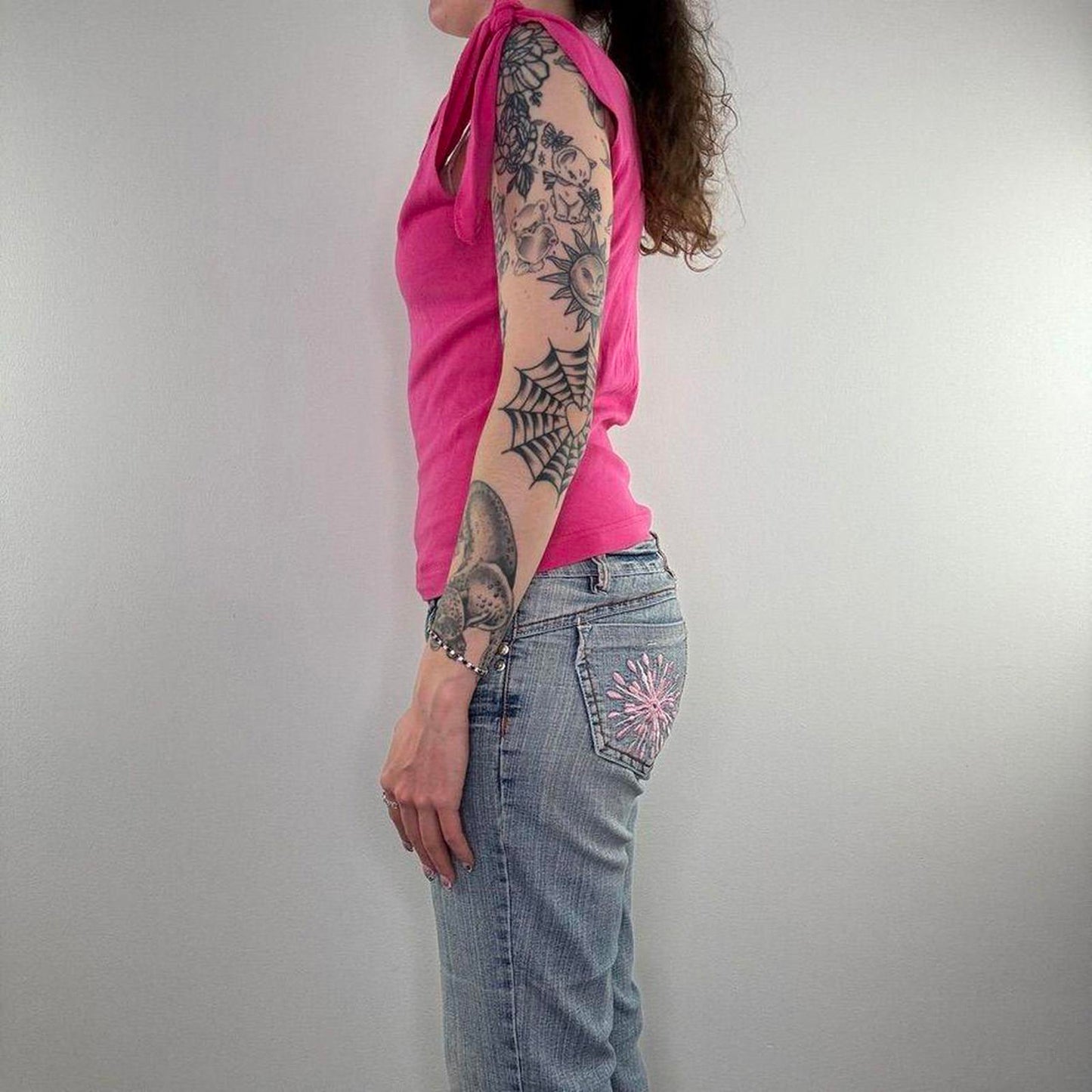 Y2K vintage shoulder tie knot bow tank top v neck hot pink