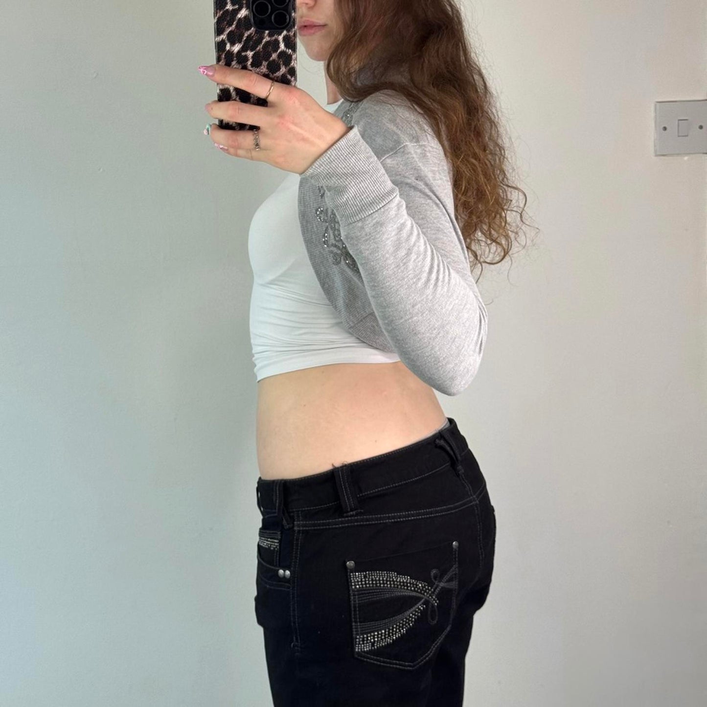 Y2K vintage grey cropped cardigan bolero floral sparkly glitter long sleeve