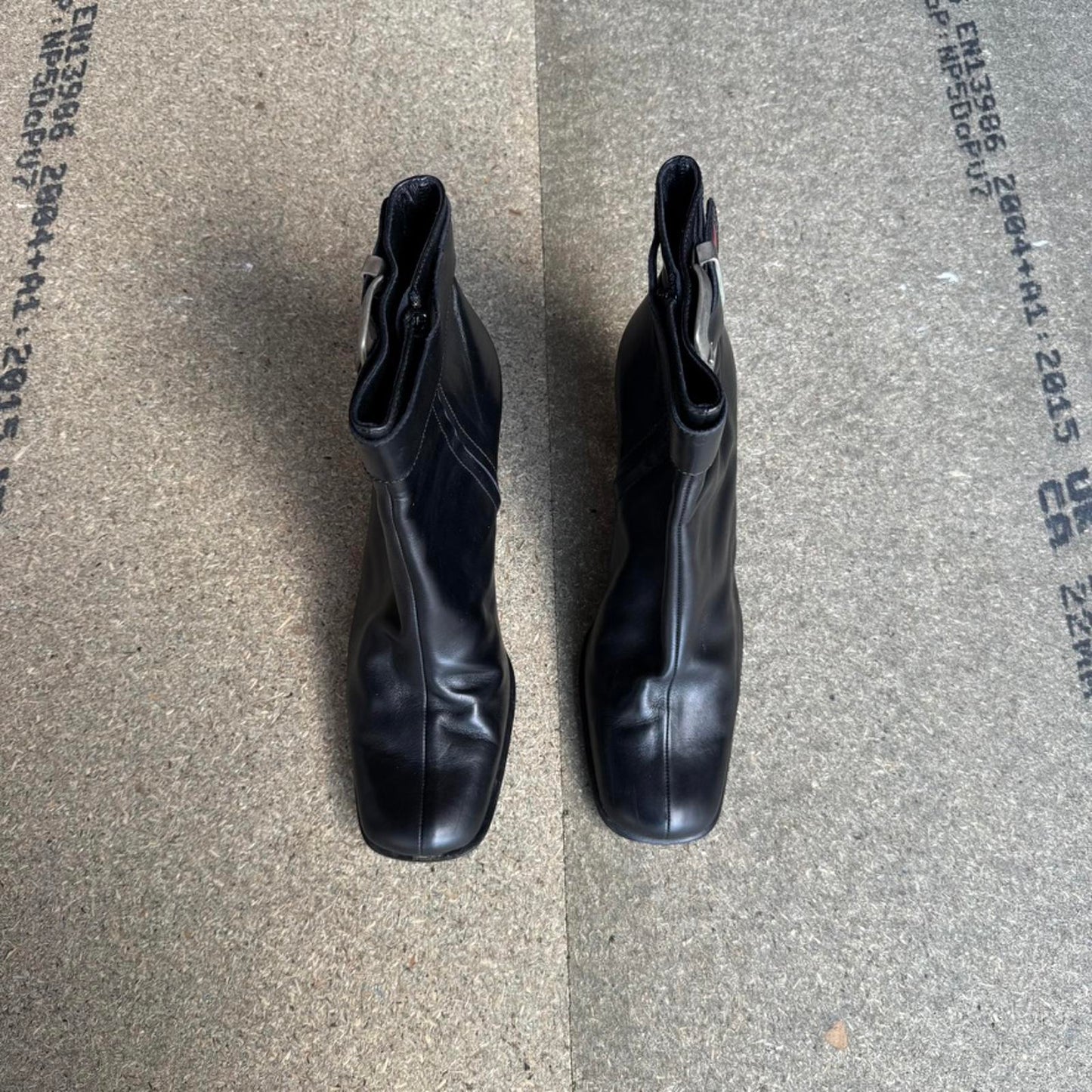 90s Y2K vintage Moschino leather block heel boots heart buckle square toe