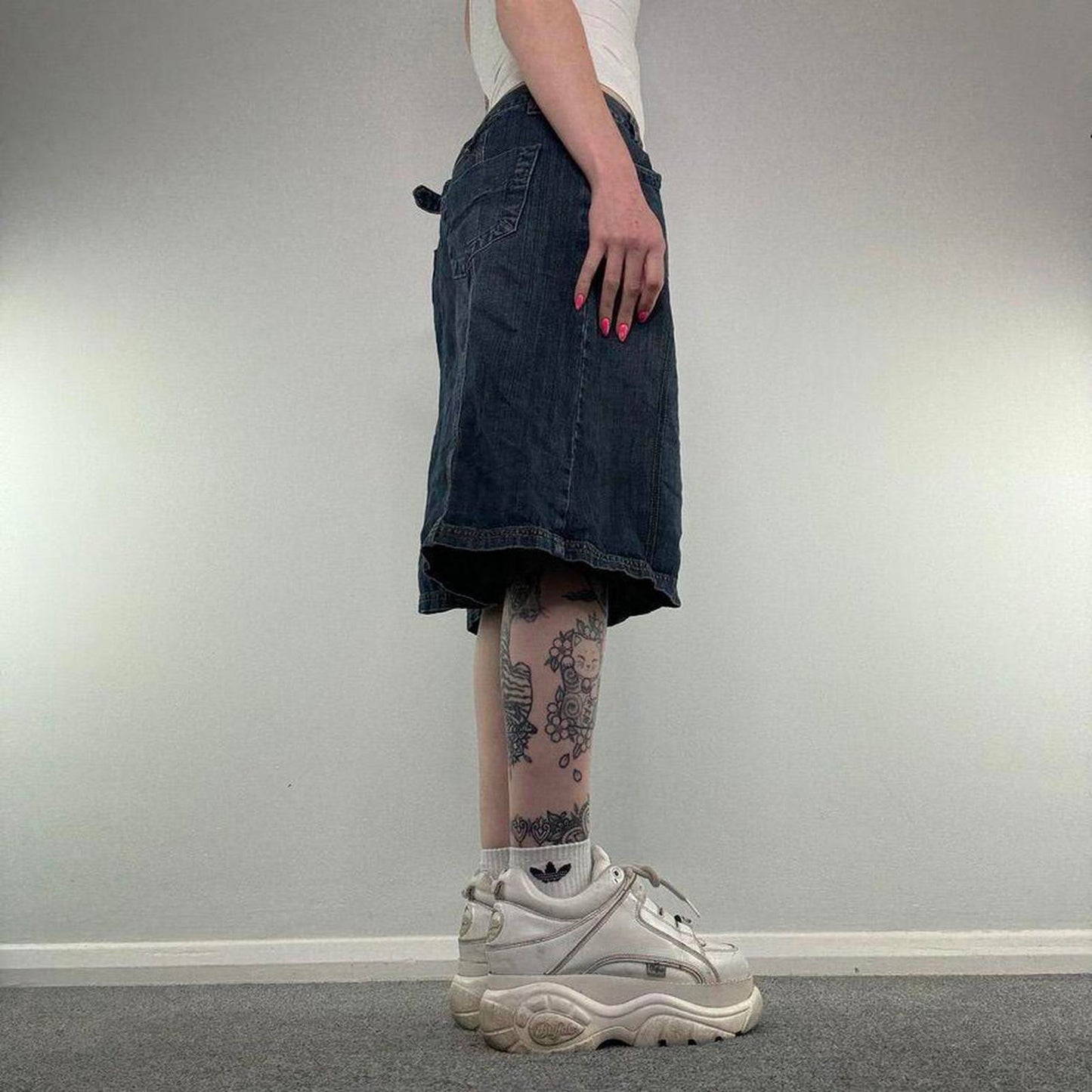 Y2K vintage cargo midi skirt a line buckle dark blue wash utility knee length