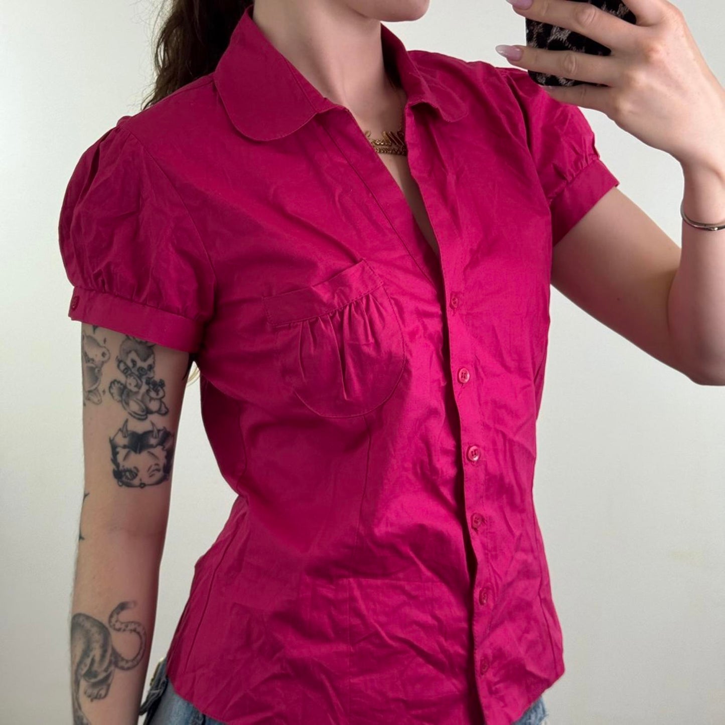 Y2K vintage button up short sleeve blouse shirt stretchy puff ball ruched pocket