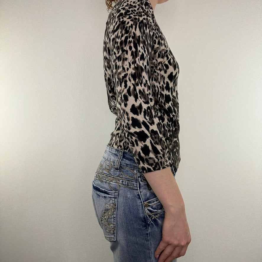 Y2K vintage leopard print cardigan button up 3/4 sleeve scoop neck fine knit