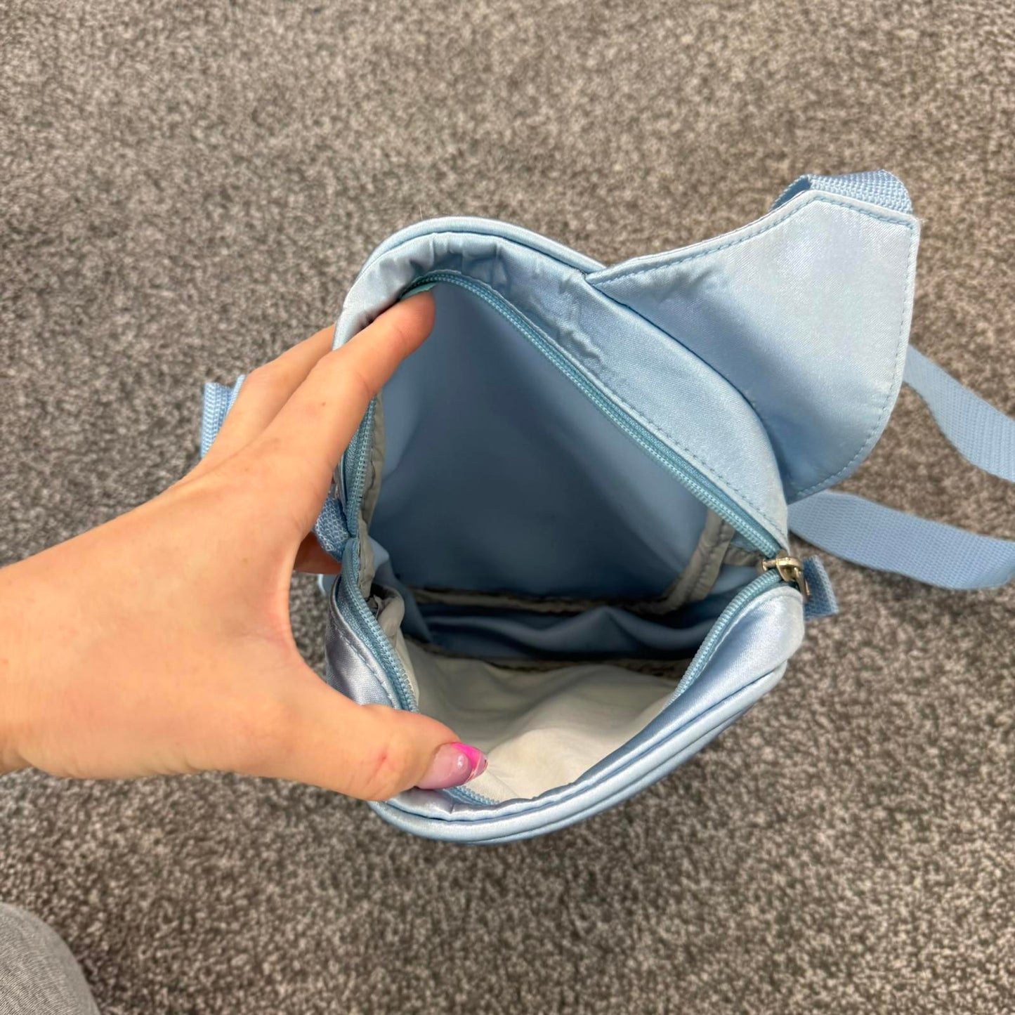 90s Y2K vintage satin cargo embroidered side crossbody bag baby blue small