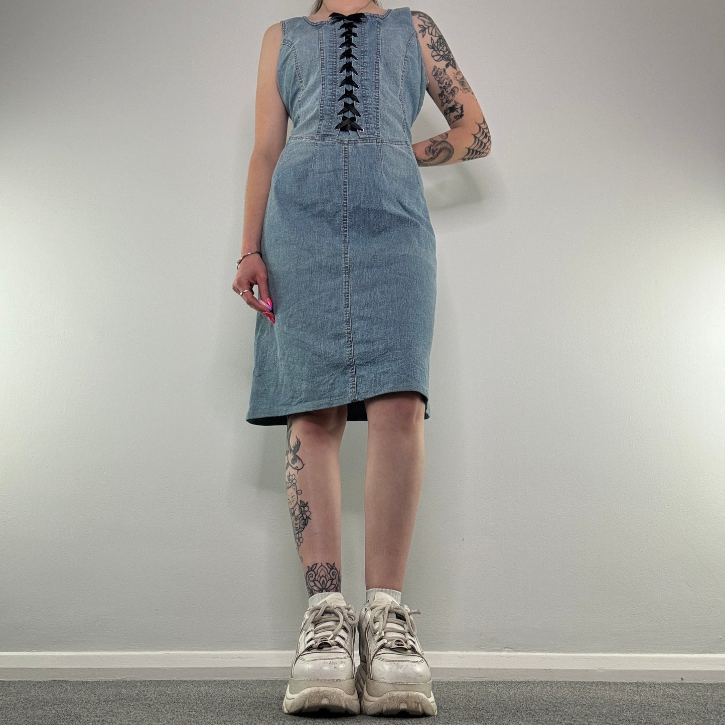 Y2K lace up stretchy denim midi dress