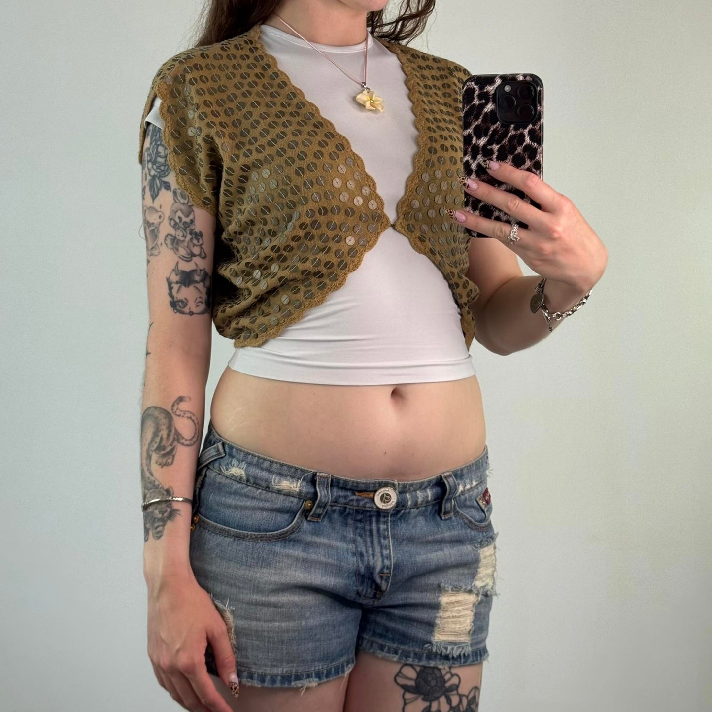 Y2K vintage cropped cardigan metal disc embellished short sleeve knitted beige