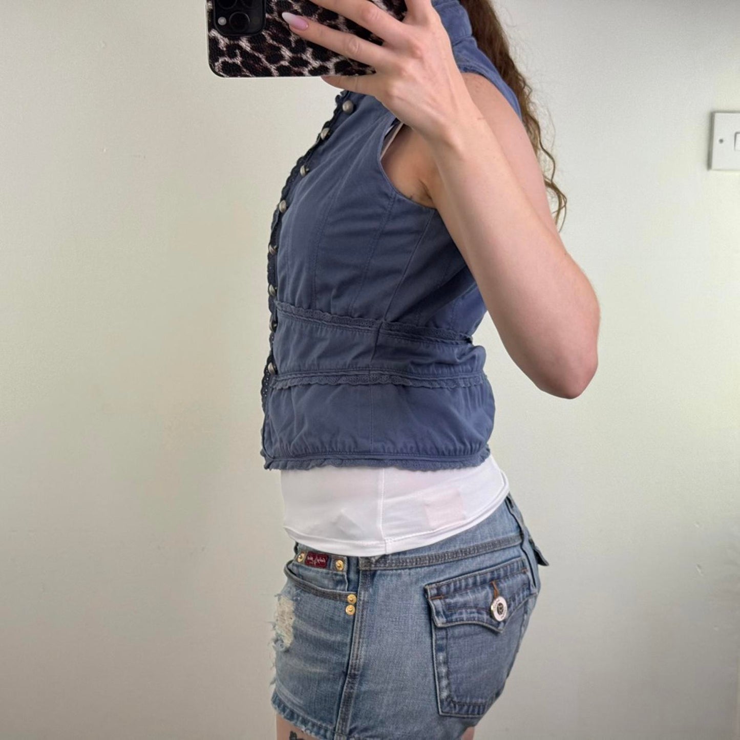 Y2K vintage hook and eye denim waistcoat top military high neck sleeveless