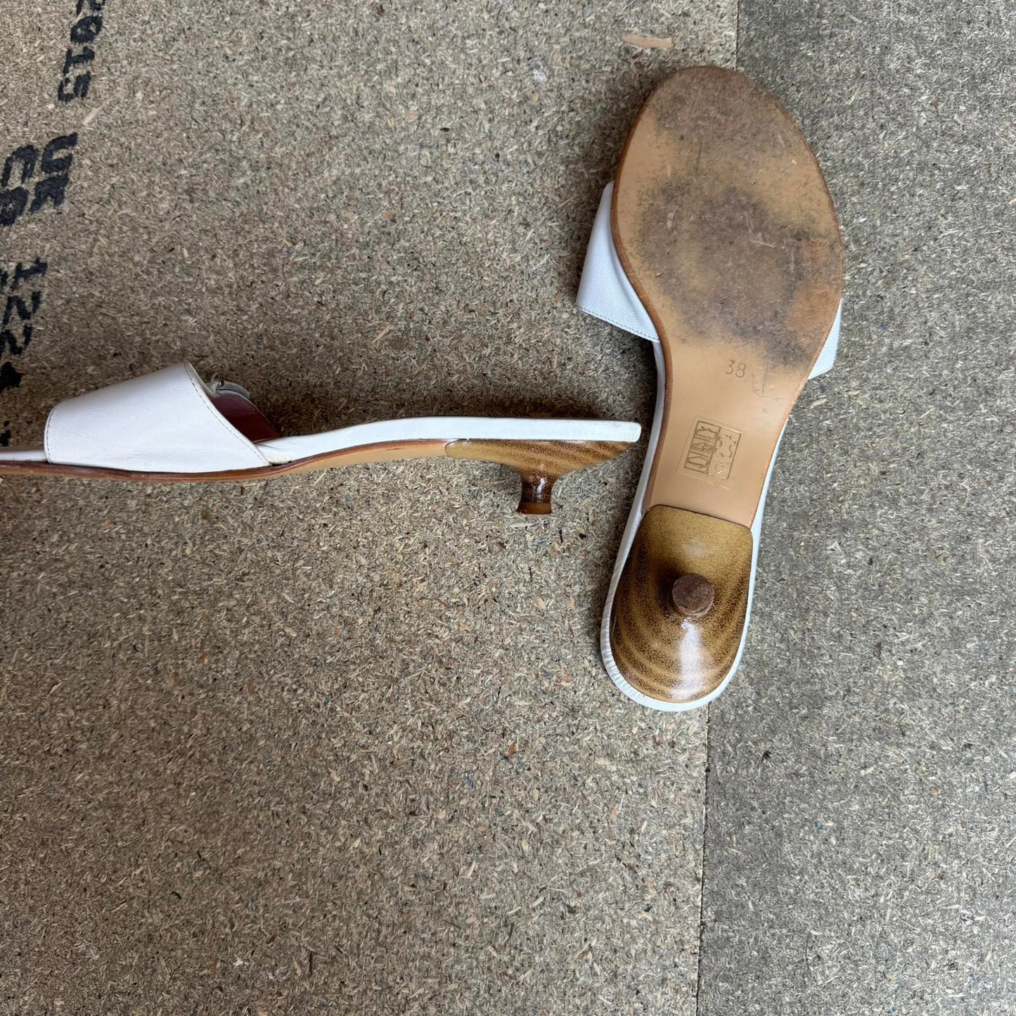 Y2K vintage genuine leather kitten wooden heel mule sandal slip on silver buckle