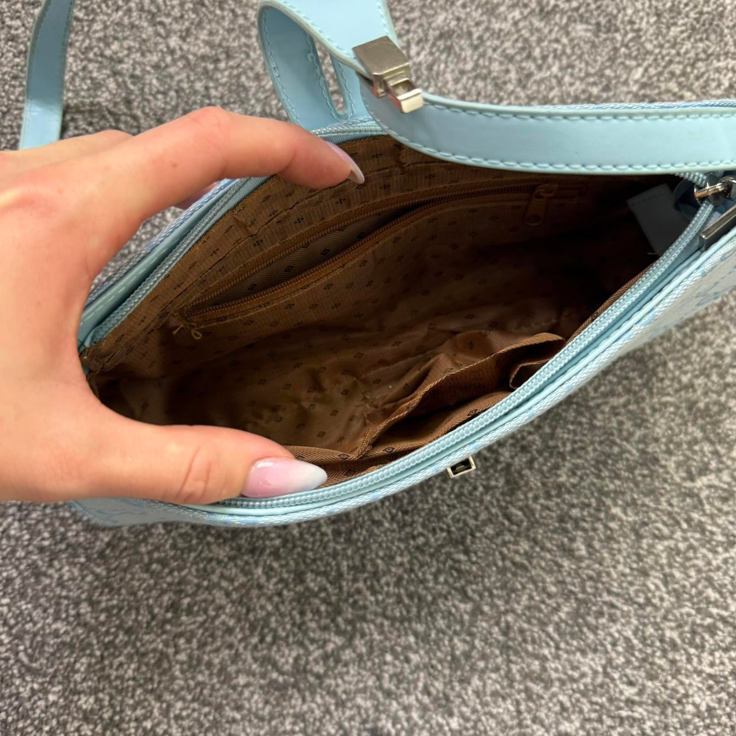 Y2K vintage canvas mini shoulder bag baby blue baguette silver