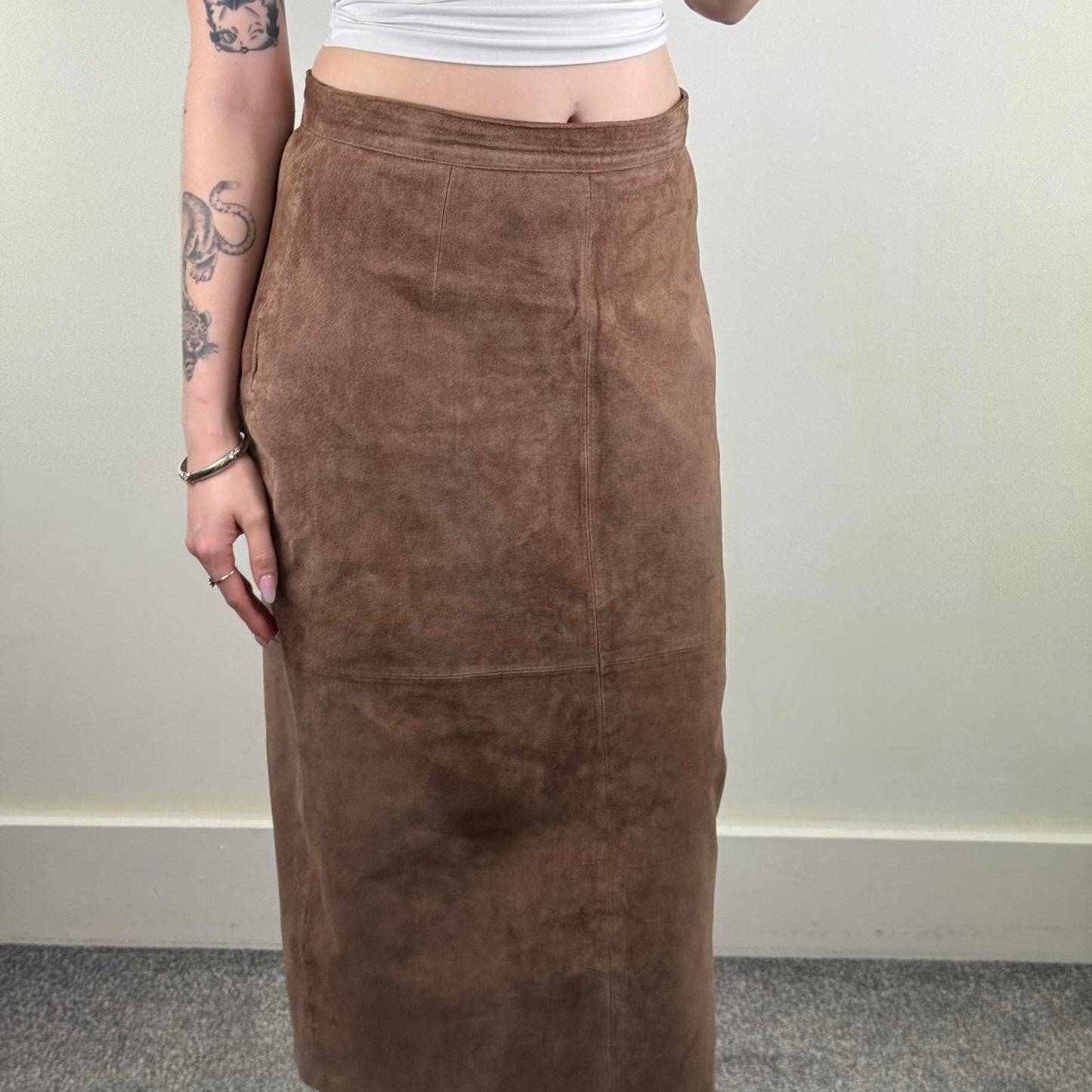 Y2K vintage genuine leather suede maxi skirt a line long full length brown