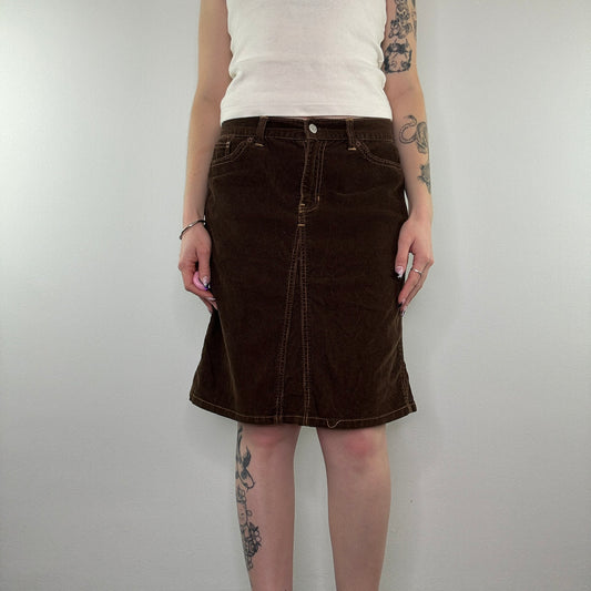 Y2K corduroy contrast stitch midi skirt