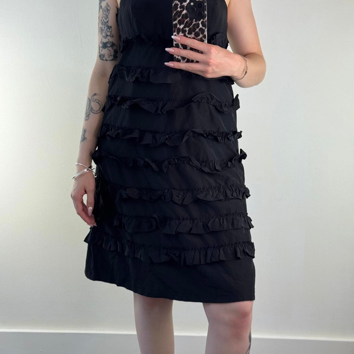 Y2K vintage Gap part silk ruffle strapless midi dress a line tiered black