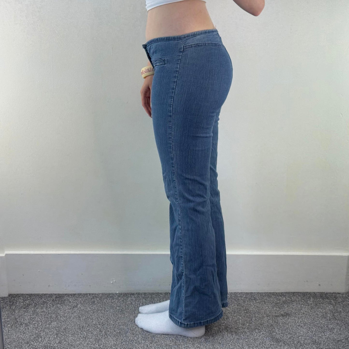 Y2K vintage stretchy mid rise flare denim jeans light blue wash bootcut