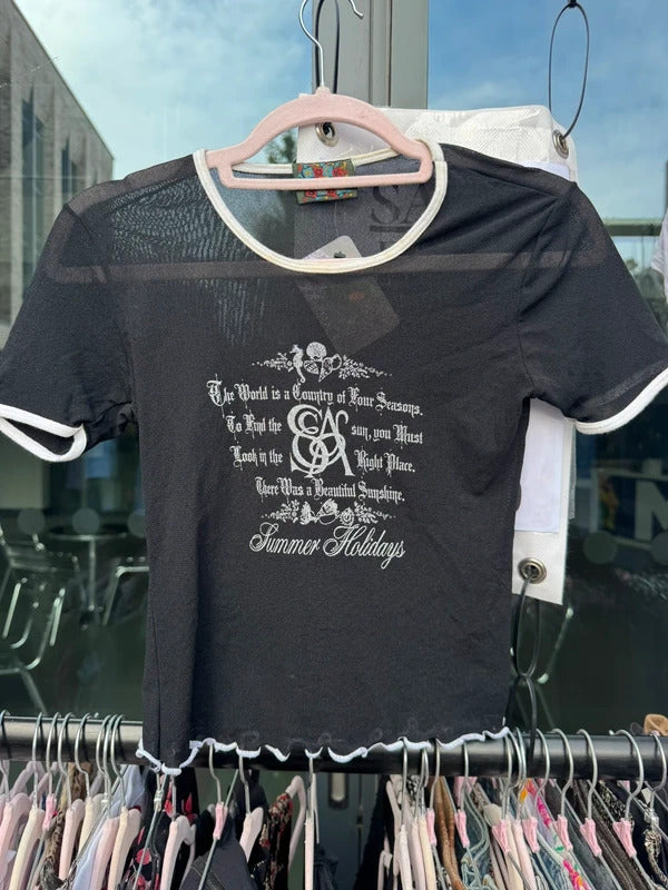Y2K vintage 90s mesh t shirt sheer text graphic print