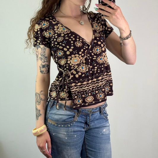 Y2K vintage wraparound v neck floral top short sleeve sequin bow beaded boho
