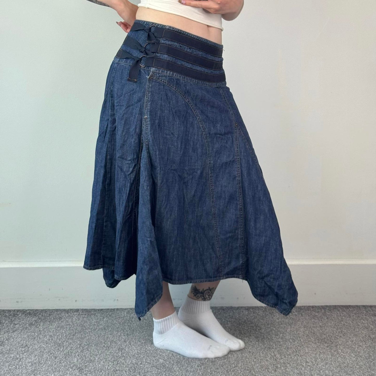 Y2K vintage denim asymmetrical maxi skirt a line floaty contrast stitching