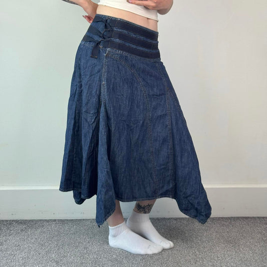Y2K vintage denim asymmetrical maxi skirt a line floaty contrast stitching