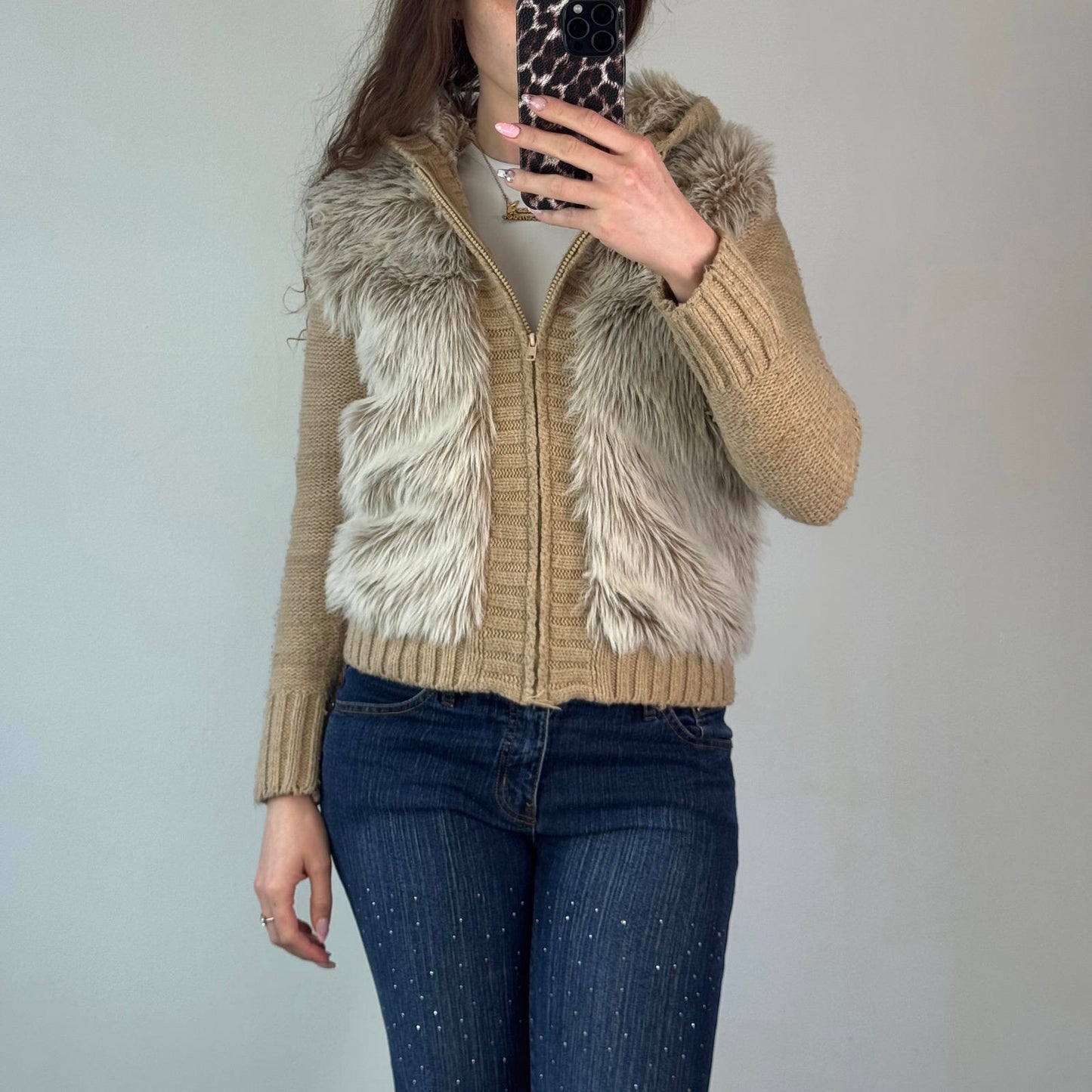 Y2K vintage faux fur zip up chunky knit hoodie mcbling