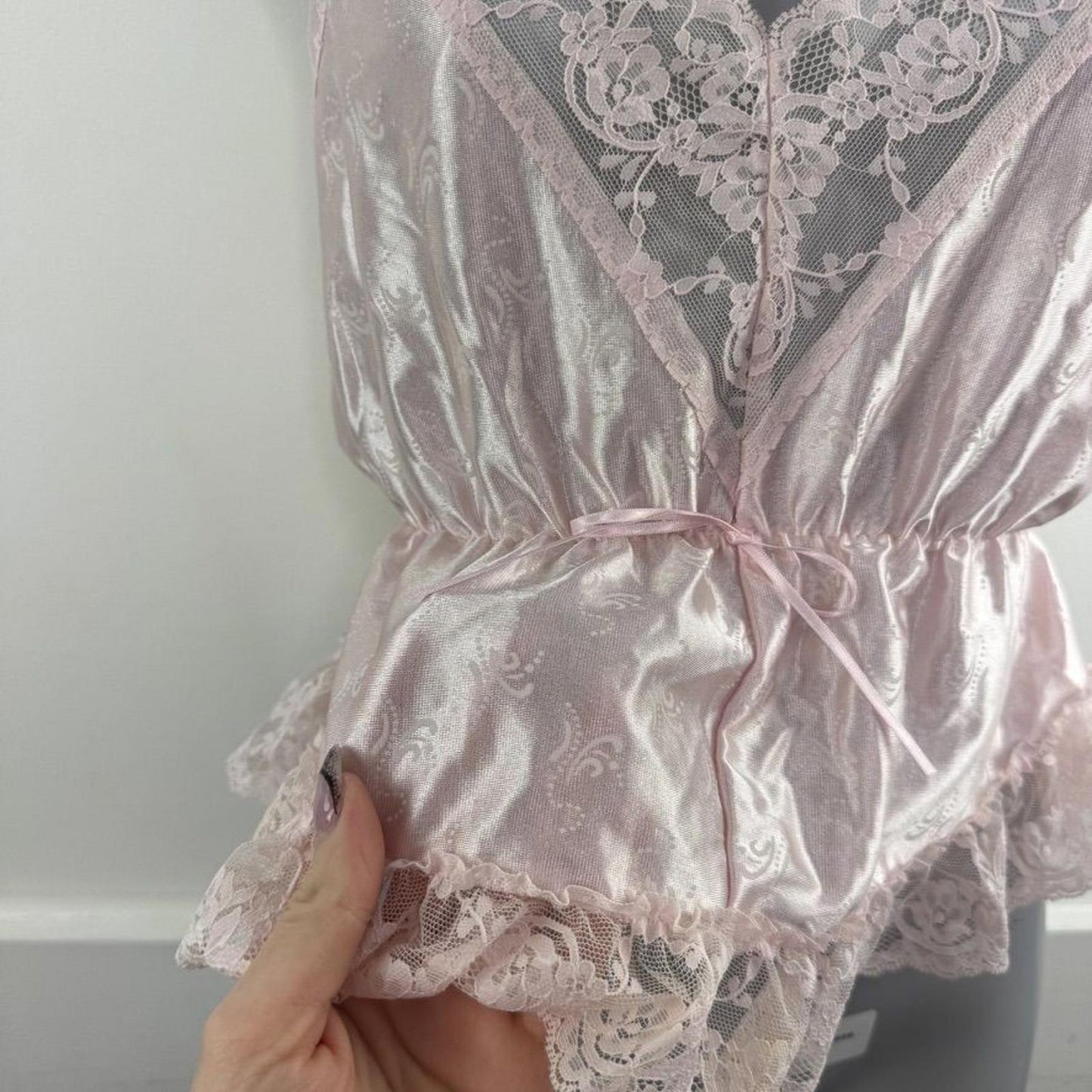 Vintage coquette satin lace trim lingerie top v neck frill strappy bow