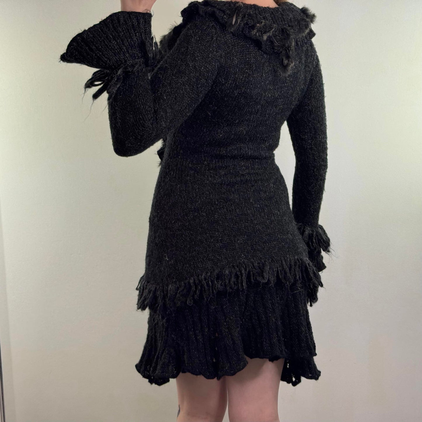 Y2K vintage wool mohair blend cardigan genuine fur ruffle trim long length