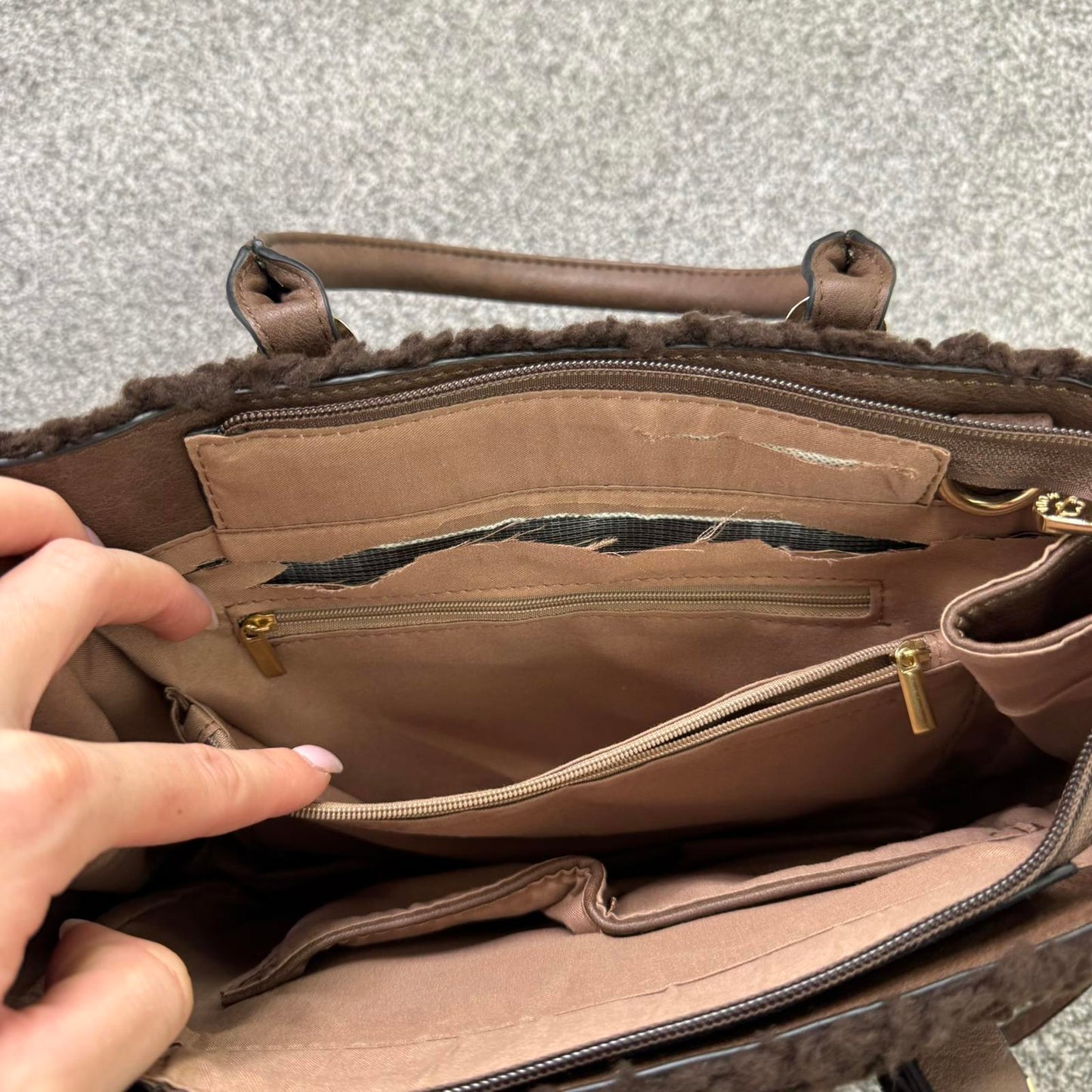 Small sherpa faux leather mini handbag brown gold