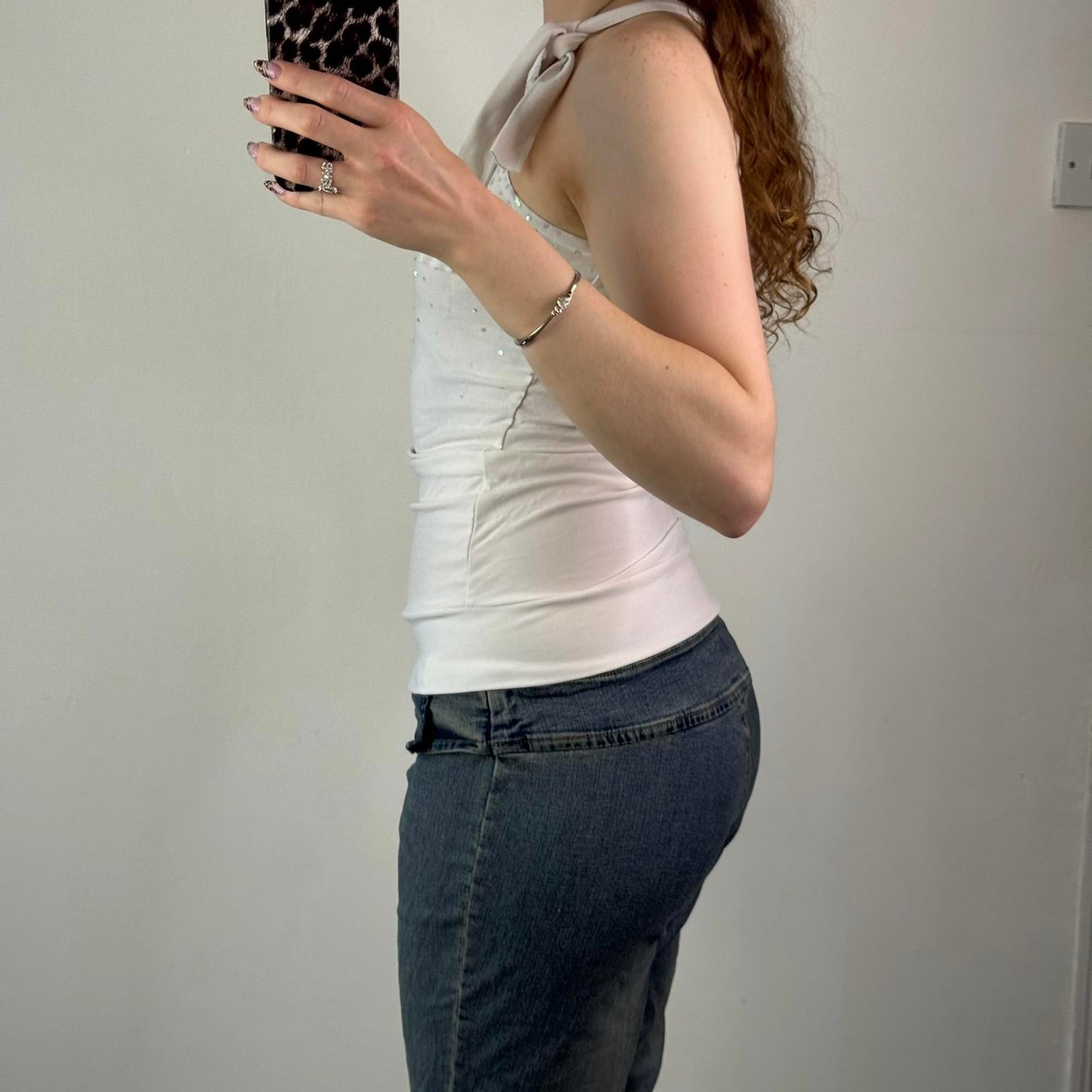 Y2K vintage sequin embellished high neck tank top bow stretchy white