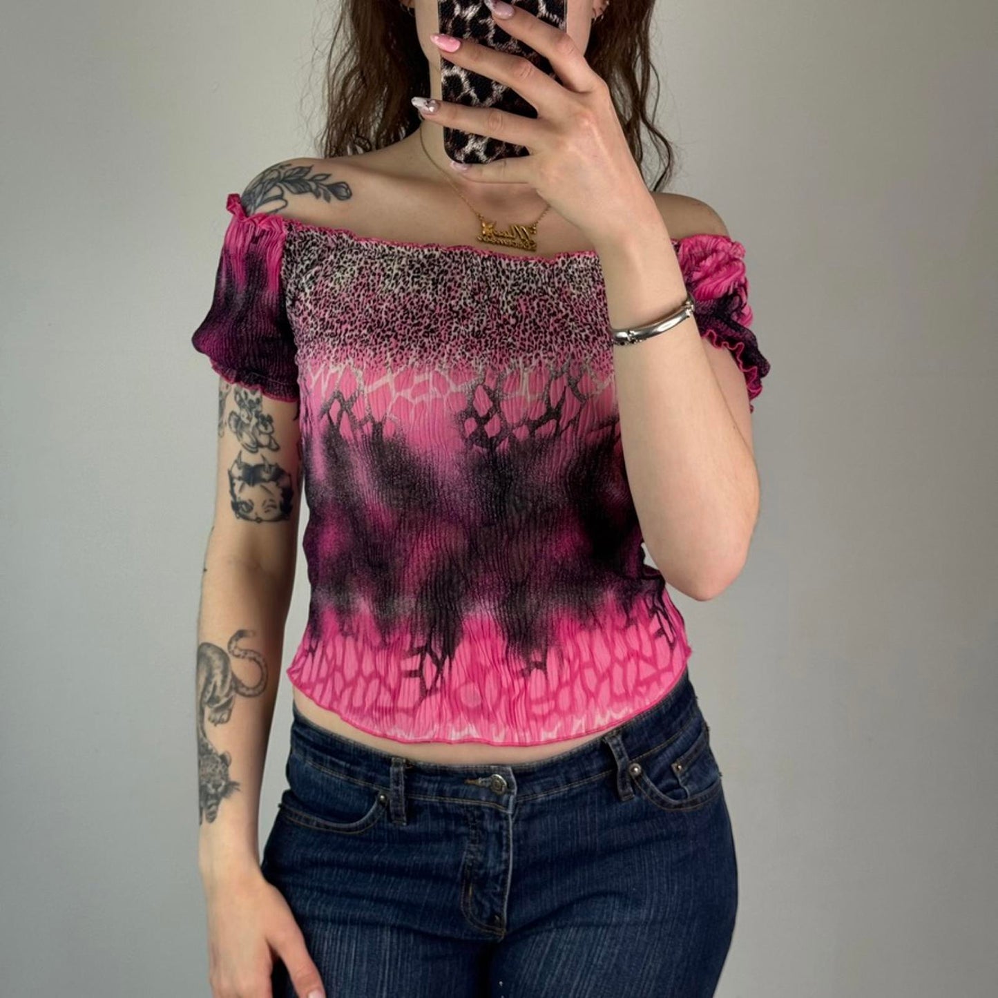 Y2K vintage stretchy off the shoulder leopard print giraffe ombre short sleeve
