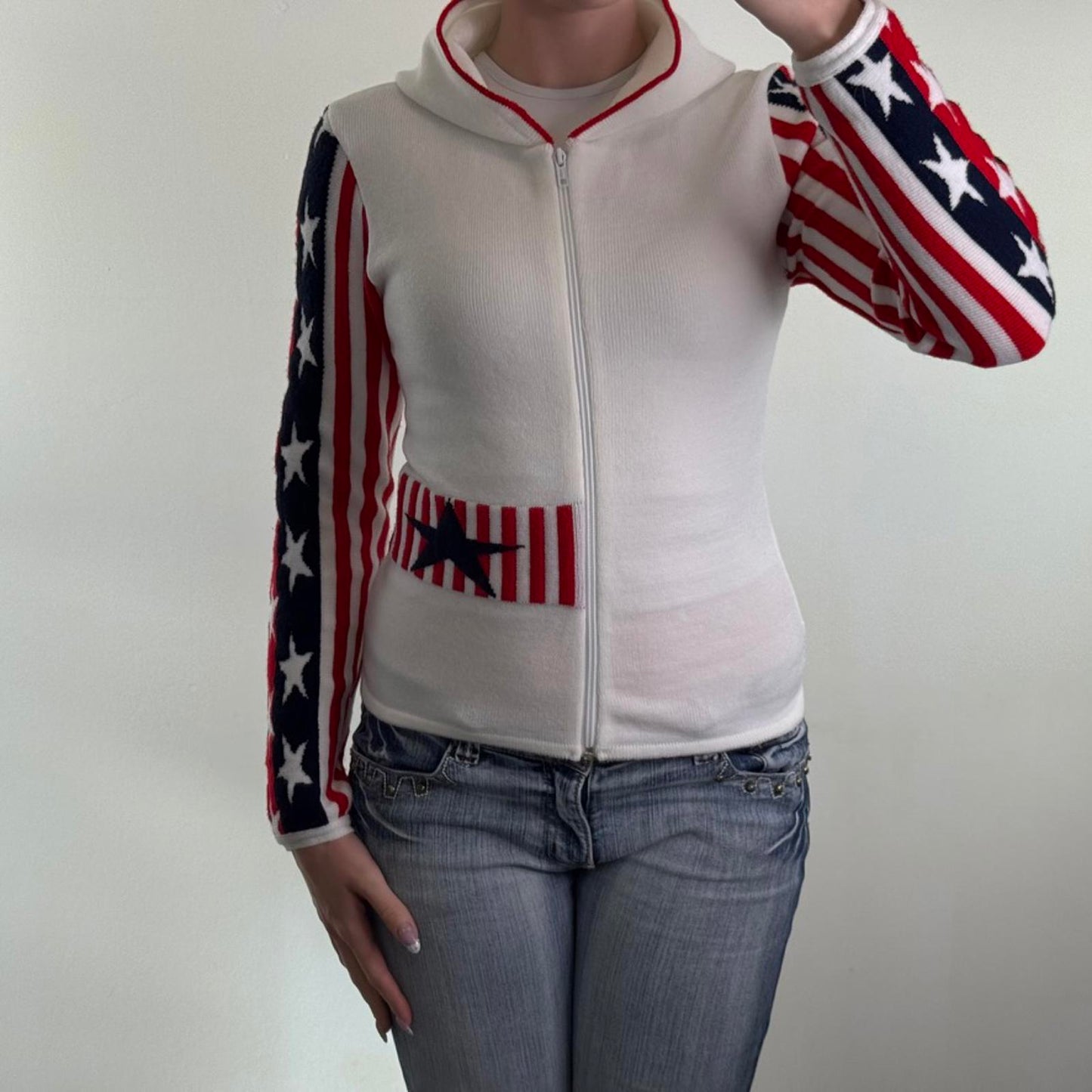 Y2K vintage USA zip up hoodie America star stripe knitted knit blue red white