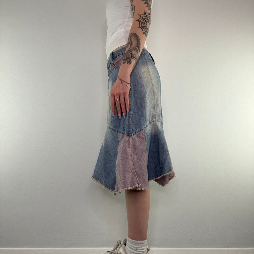 Y2K light denim patchwork frill fraying hem midi skirt