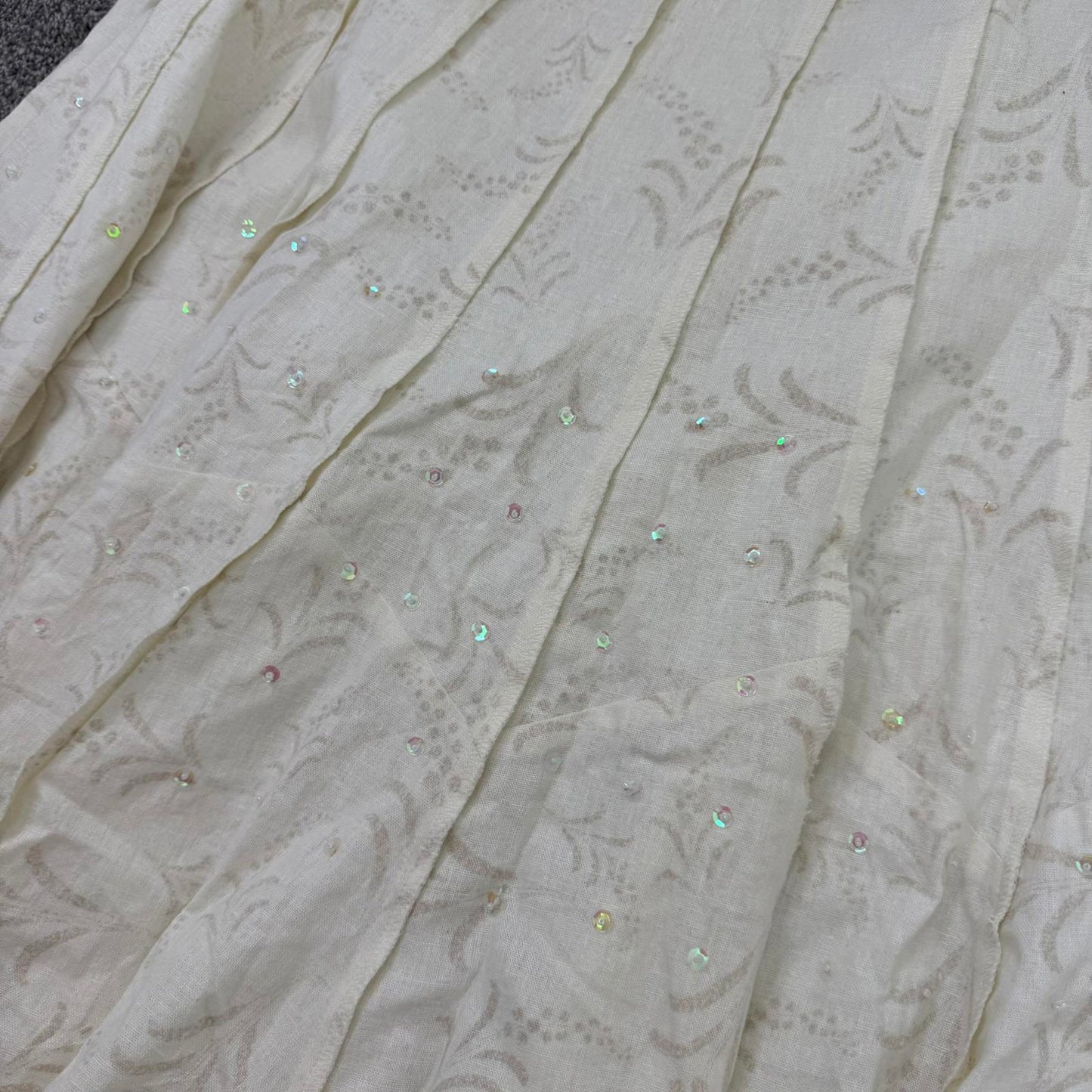 Y2K vintage linen blend maxi skirt floral pattern sequin beaded a line pleated