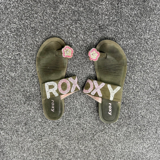 Y2K vintage Roxy beaded sequin floral summer flip flops flat sandals toe ring