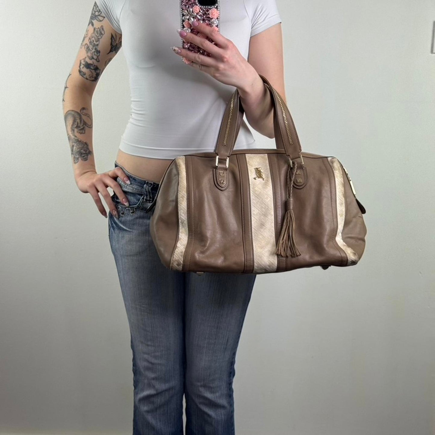 Y2K vintage L.A.M.B. Gwen Stefani large handbag genuine leather brown cream