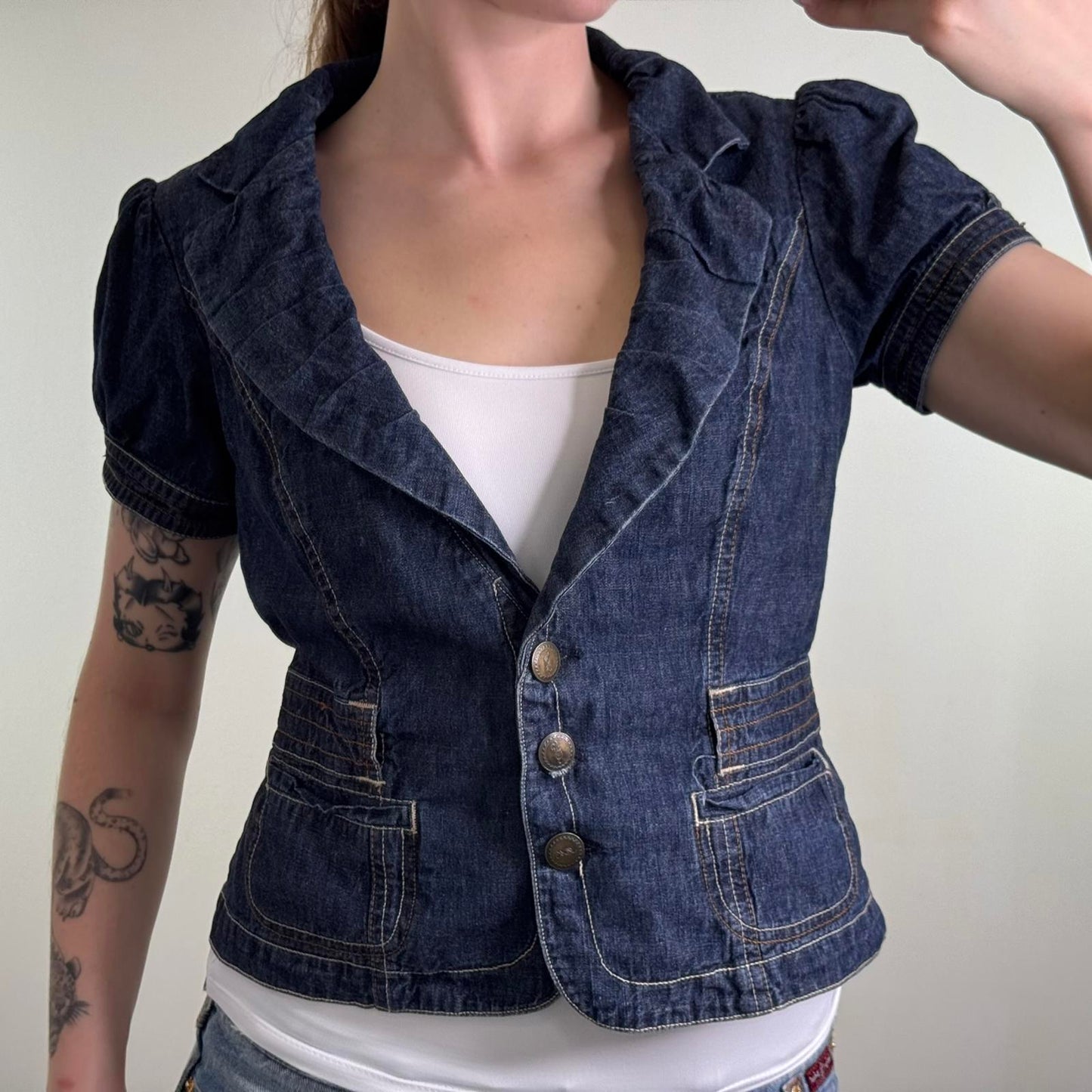 Y2K vintage denim short sleeve blazer jacket button up deep v neck